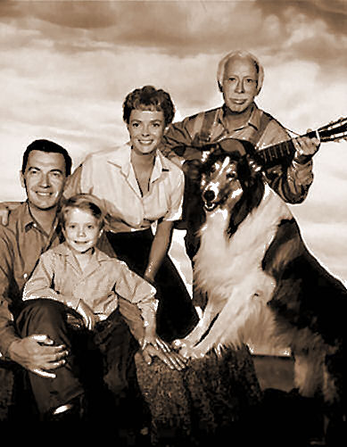 George Chandler, Hugh Reilly, June Lockhart, Jon Provost, and Lassie