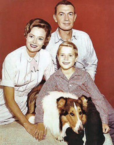 George Chandler, Hugh Reilly, June Lockhart, Jon Provost, and Lassie